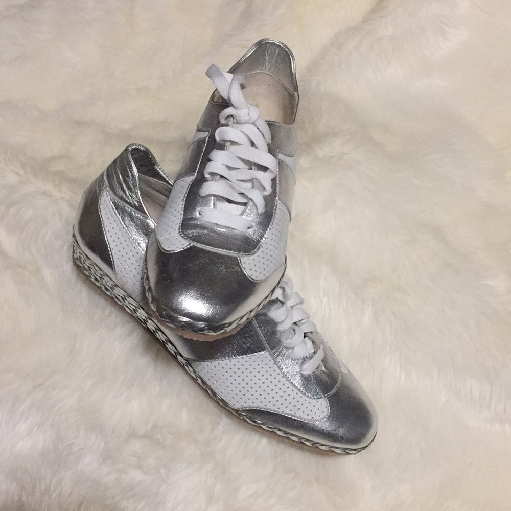 Sesto Meucci Silver and White Lace-Up Espadrille Sneakers